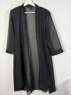 Le Bos Sheer Black Chiffon Duster Cardigan Open Front Kimono 3/4 Sleeve Size 16
